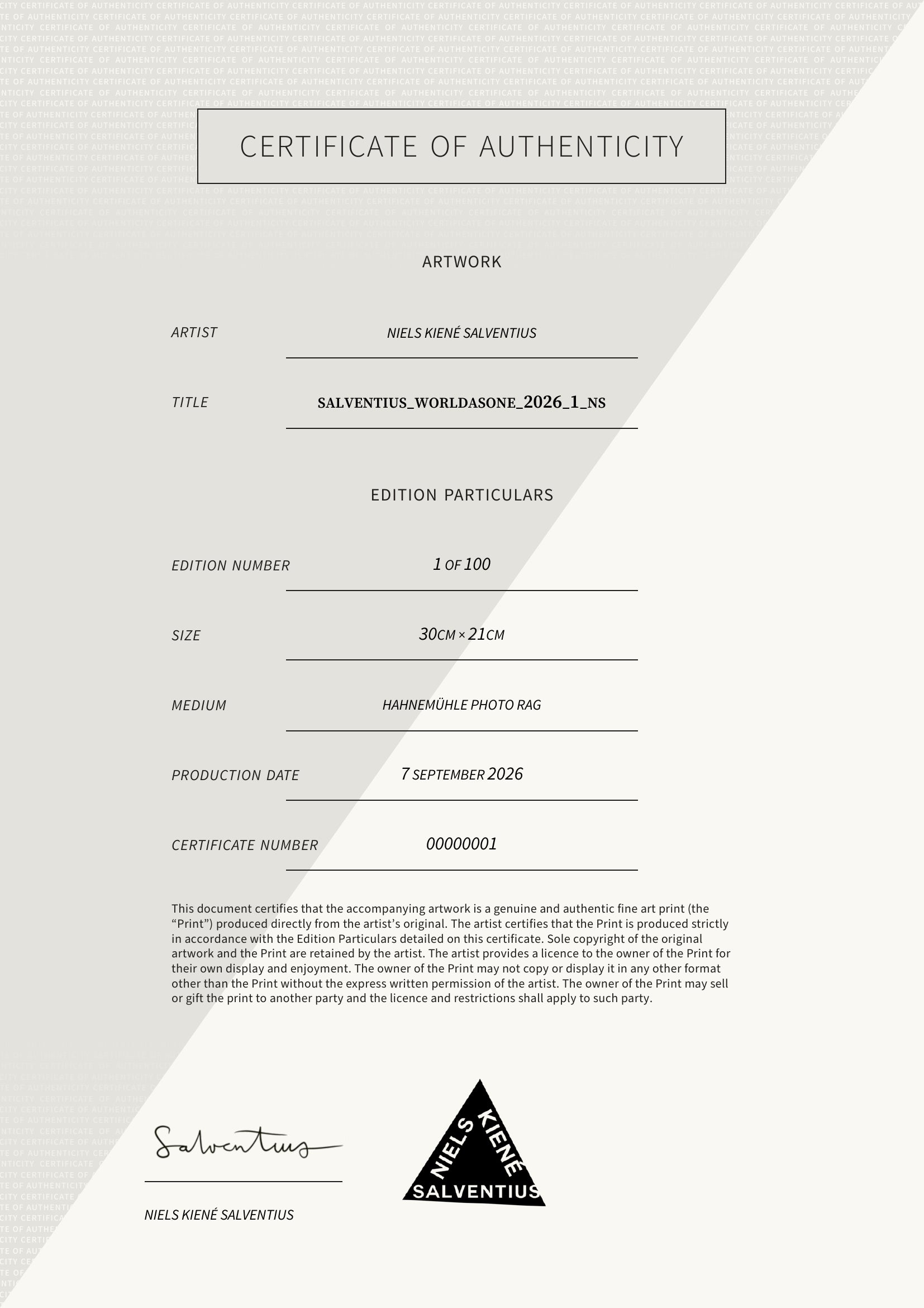 Salventius_WorldAsOne_2026_1_NS — Certificate of Authenticity